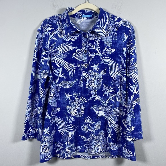 J. McLaughlin Women's L Blue White Button Up Top Shirt Peacock Print Stretch - Picture 1 of 6
